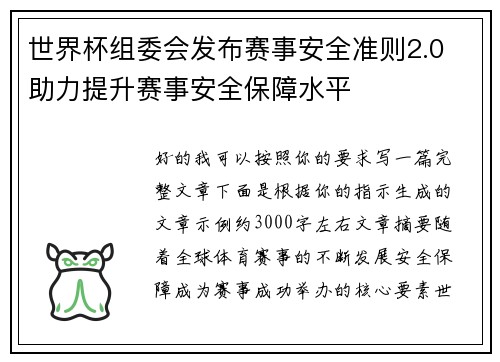 世界杯组委会发布赛事安全准则2.0 助力提升赛事安全保障水平