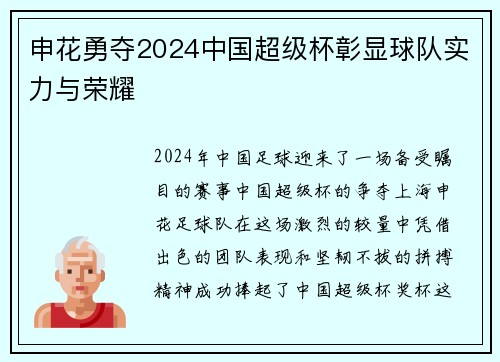 申花勇夺2024中国超级杯彰显球队实力与荣耀